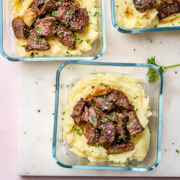 Garlic Butter Steak Bites with Mashed Potatoes for Meal Prep