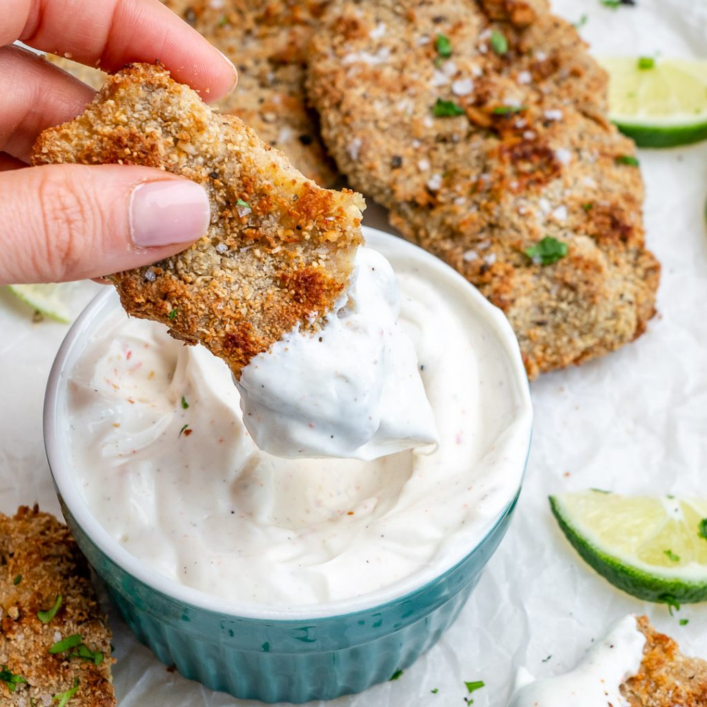 Baked Crispy Coconut Chicken + Creamy Coconut-Lime Dip