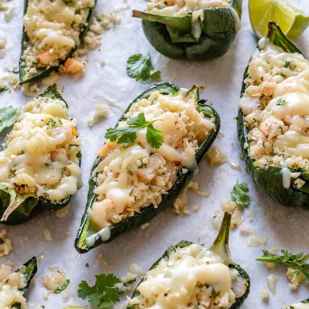 Shrimp + Cauliflower "Rice" Stuffed Poblanos