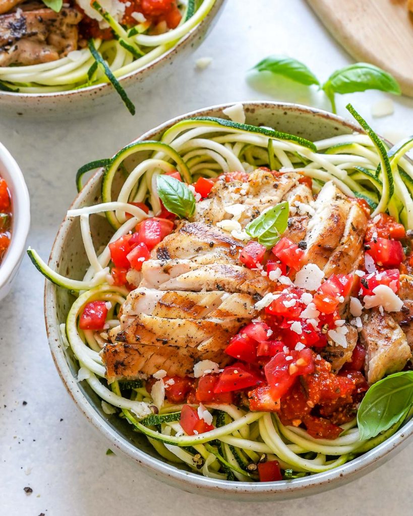 Grilled Chicken Zoodle Bowls with TomatoBasil Sauce Clean Food Crush