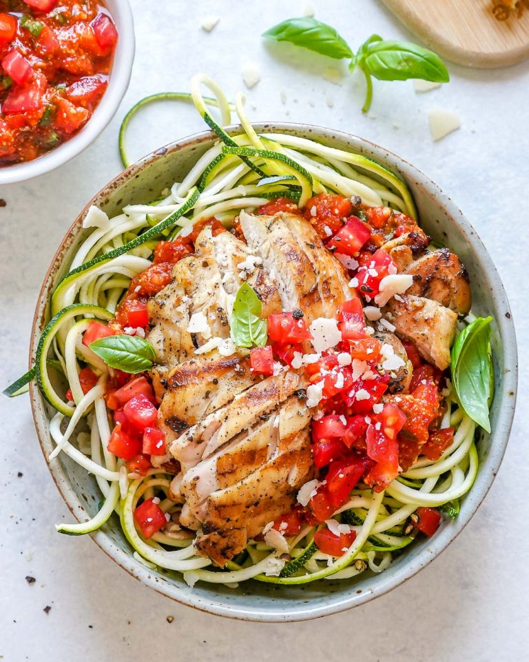 Grilled Chicken Zoodle Bowls with TomatoBasil Sauce Clean Food Crush