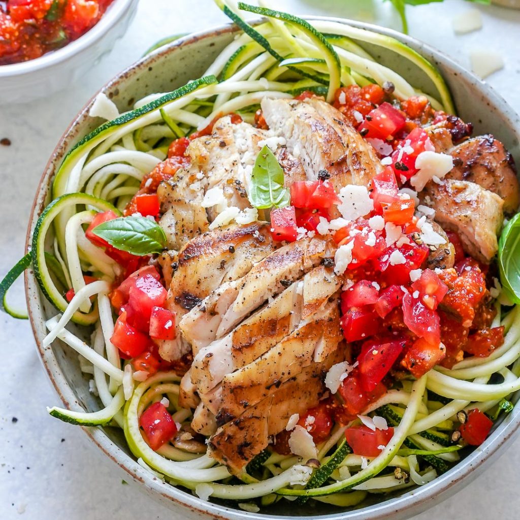 Grilled Chicken Zoodle Bowls with Tomato-Basil Sauce | Clean Food Crush