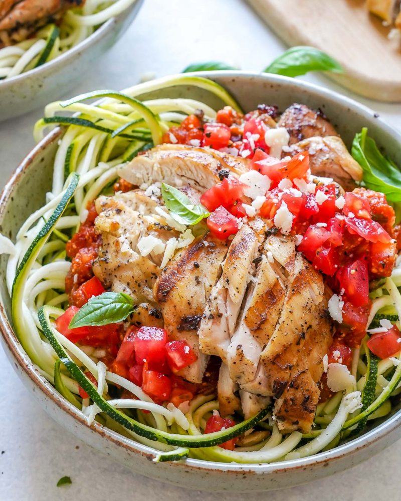 Grilled Chicken Zoodle Bowls with TomatoBasil Sauce Clean Food Crush