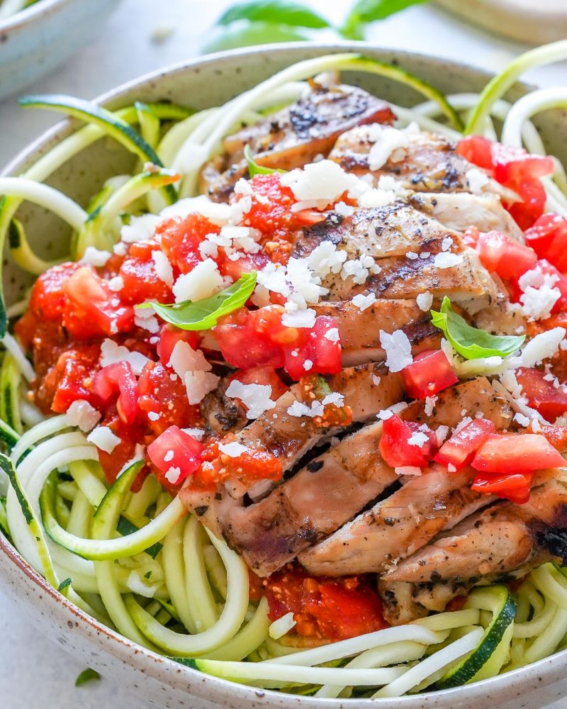 Grilled Chicken Zoodle Bowls with TomatoBasil Sauce Clean Food Crush