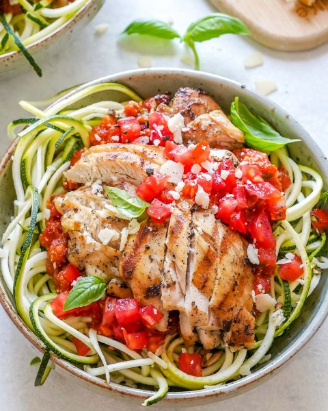 Grilled Chicken Zoodle Bowls with Tomato-Basil Sauce | Clean Food Crush
