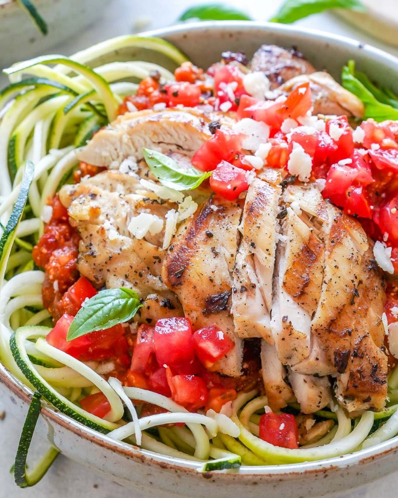 Grilled Chicken Zoodle Bowls with Tomato-Basil Sauce