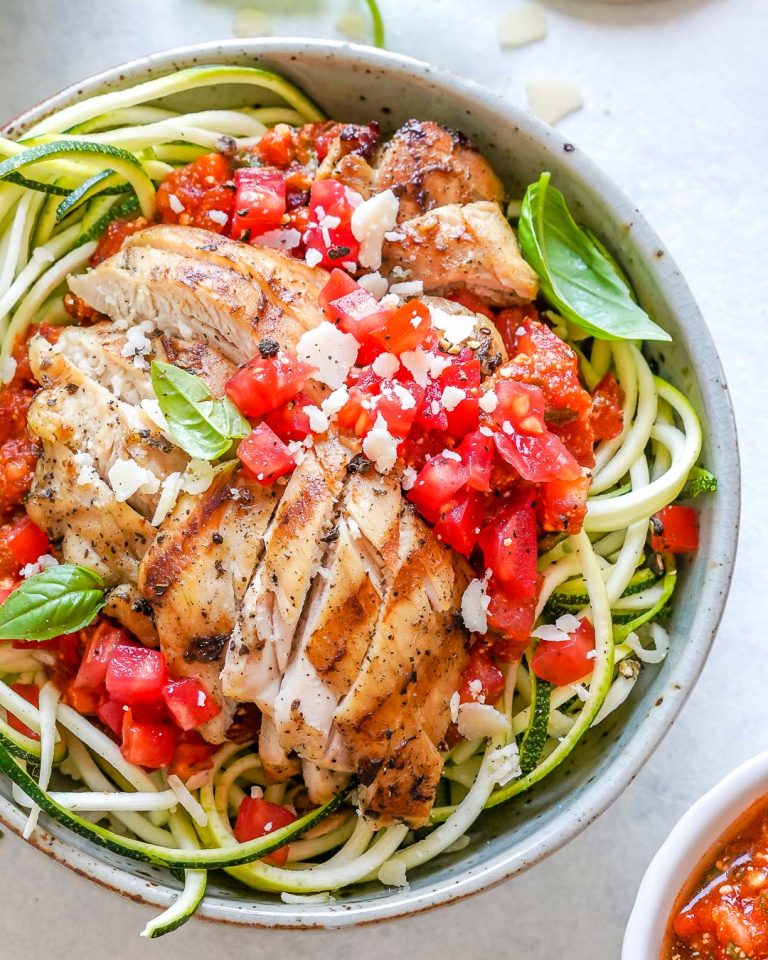 Grilled Chicken Zoodle Bowls with TomatoBasil Sauce Clean Food Crush