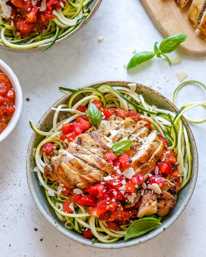 Grilled Chicken Zoodle Bowls with TomatoBasil Sauce Clean Food Crush