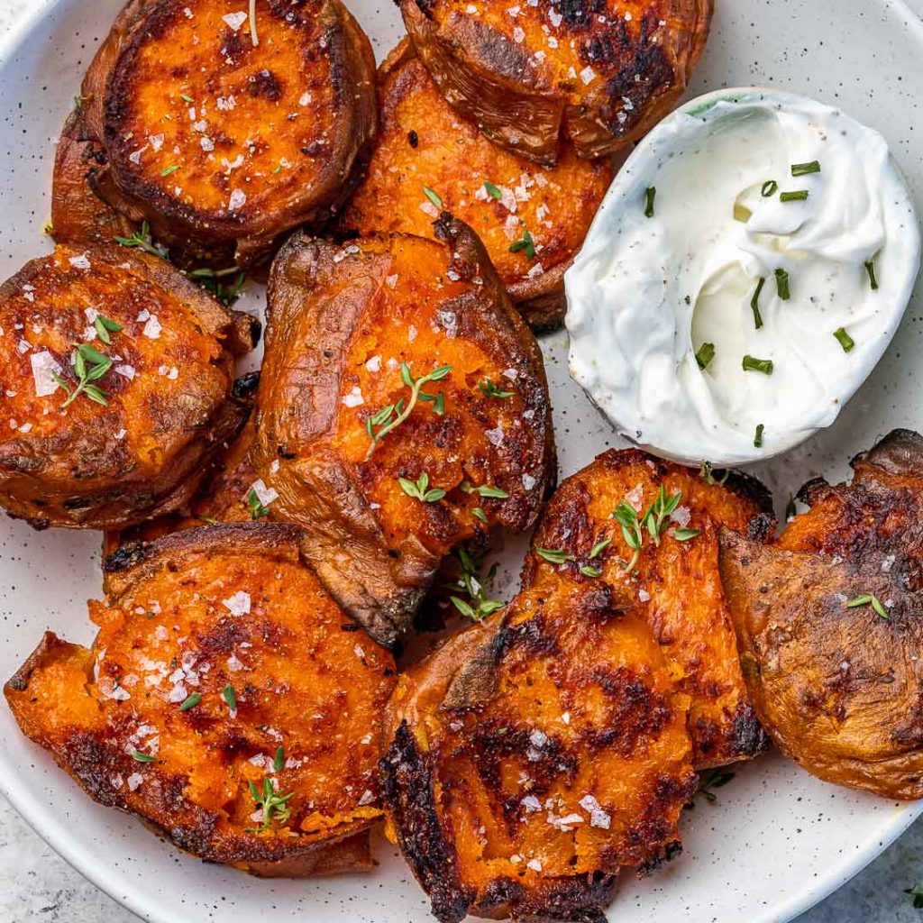 Smashed + Roasted Sweet Potatoes