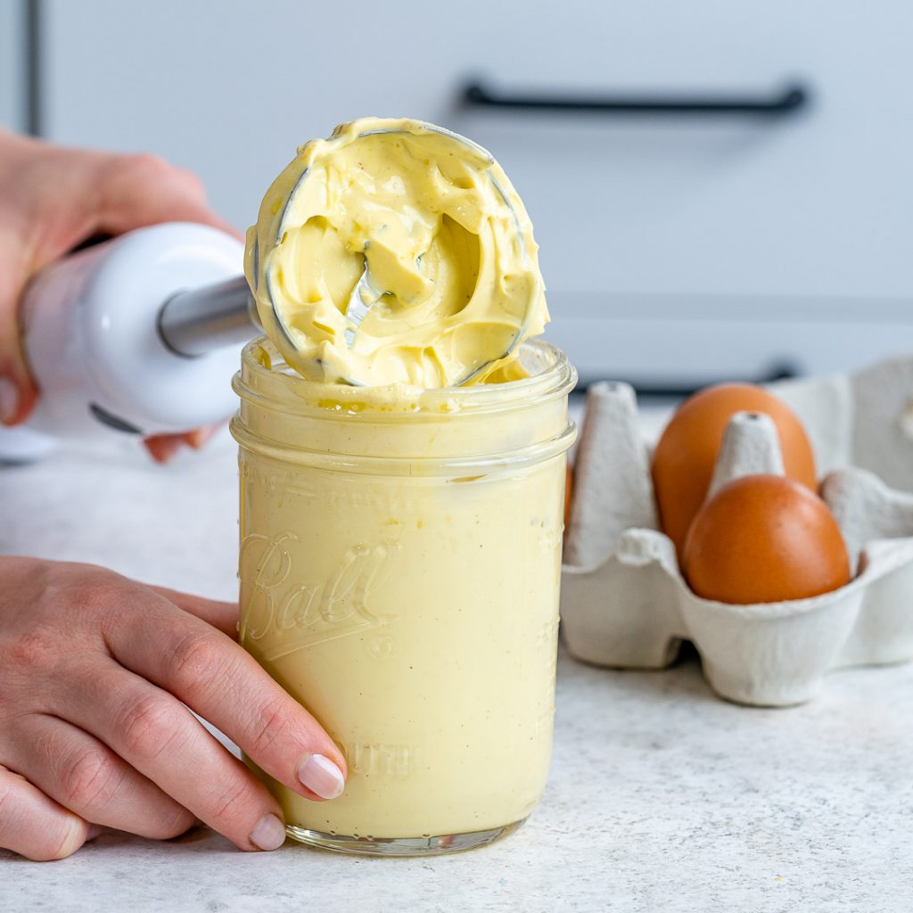 Creamy homemade mayonnaise made using an immersion blender.