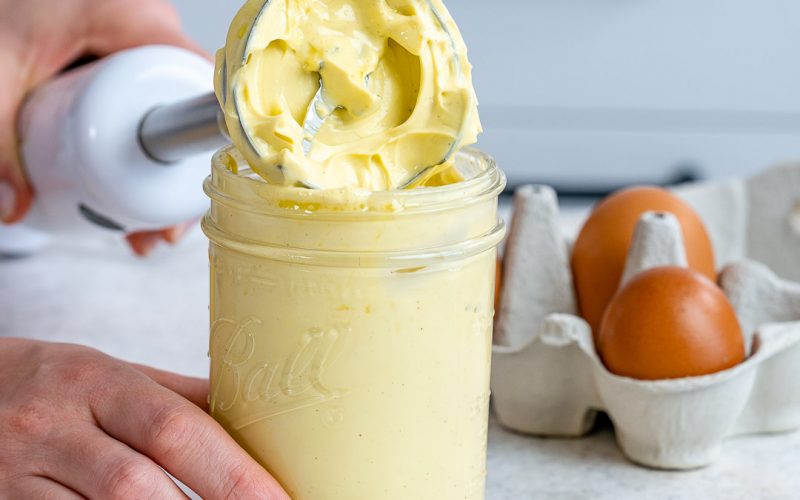 Creamy homemade mayonnaise made using an immersion blender.