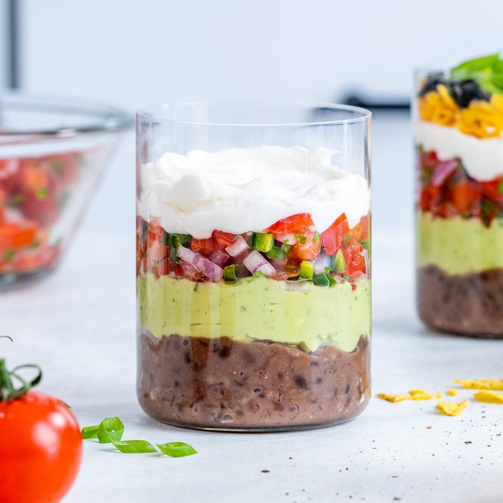 Layers in 7 layer dip cups.