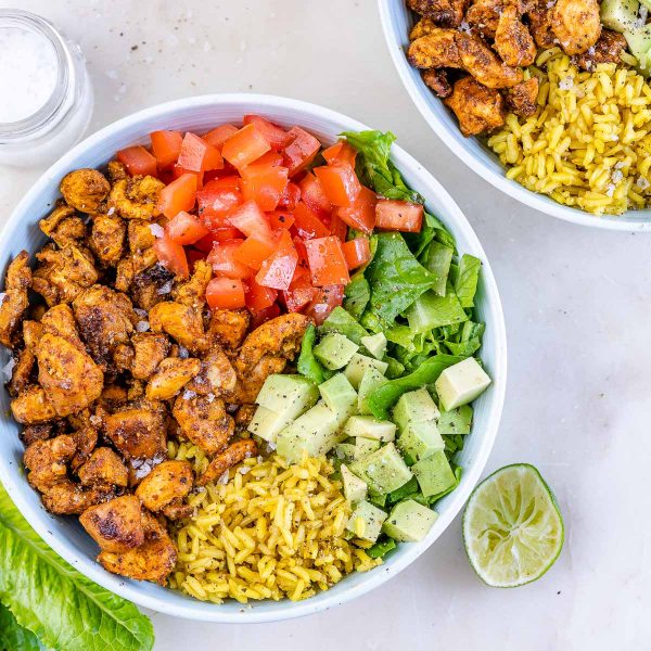 Six Spice Chicken Bowls + Turmeric Rice | Clean Food Crush