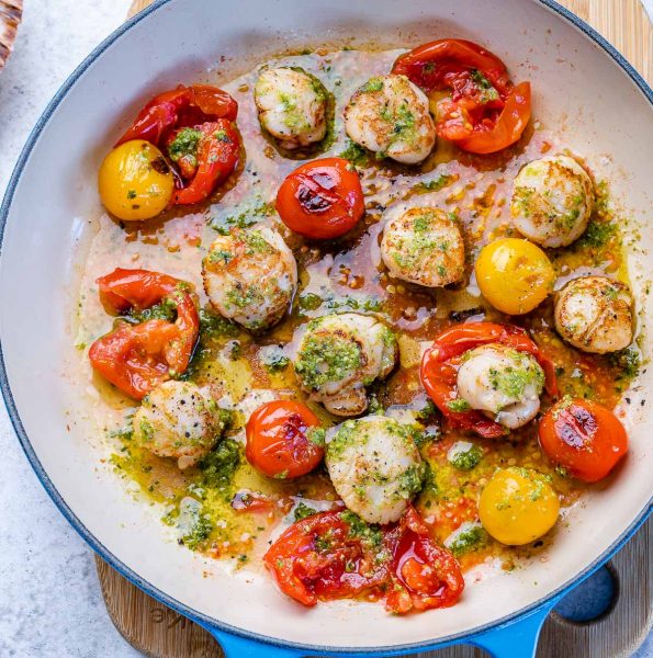 Seared Scallops with Homemade Pesto + Cherry Tomatoes Clean Food Crush