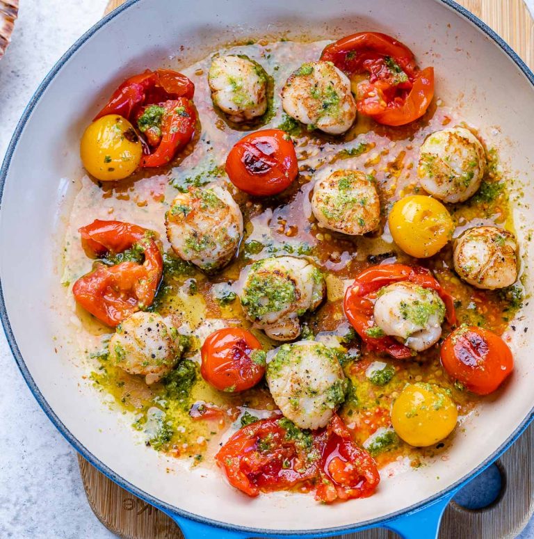 Seared Scallops with Homemade Pesto + Cherry Tomatoes Clean Food Crush
