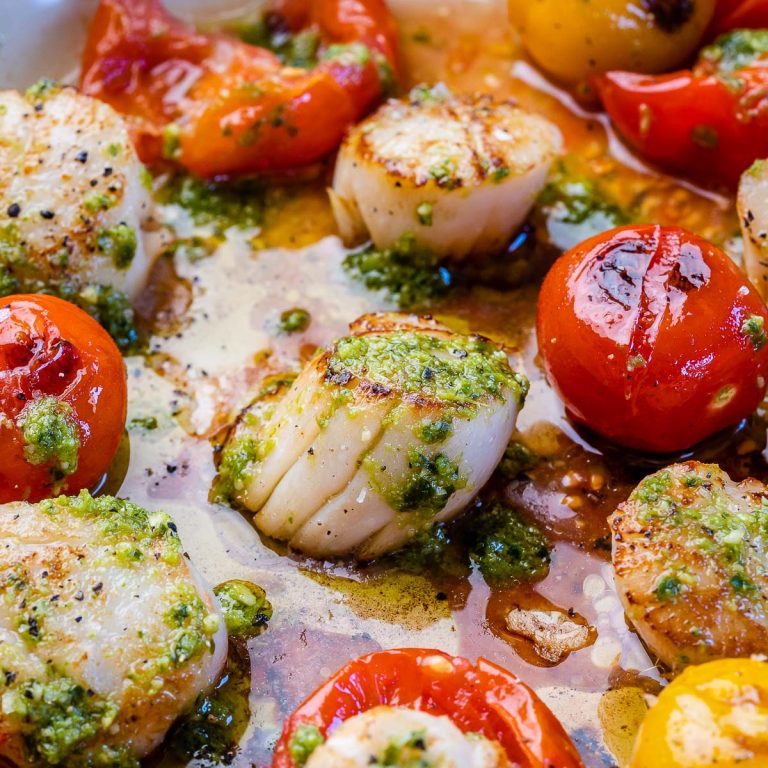 Seared Scallops with Homemade Pesto + Cherry Tomatoes Clean Food Crush