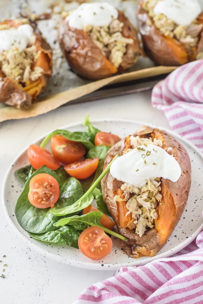 Baked Sweet Potatoes Stuffed with Tuna + Spinach Salad Clean Food Crush