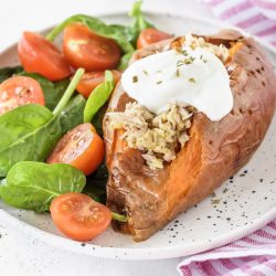 Baked Sweet Potatoes Stuffed with Tuna + Spinach Salad