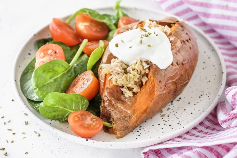 Baked Sweet Potatoes Stuffed with Tuna + Spinach Salad Clean Food Crush