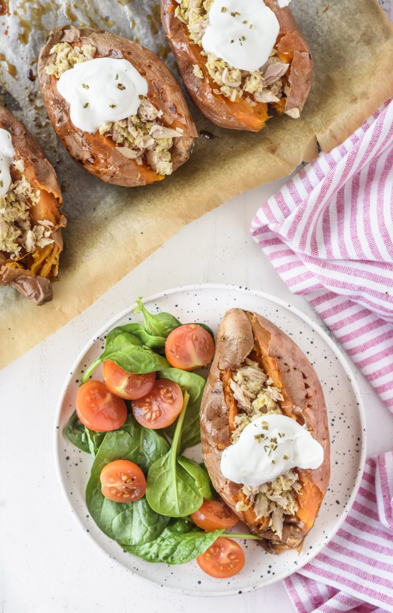 Baked Sweet Potatoes Stuffed with Tuna + Spinach Salad Clean Food Crush