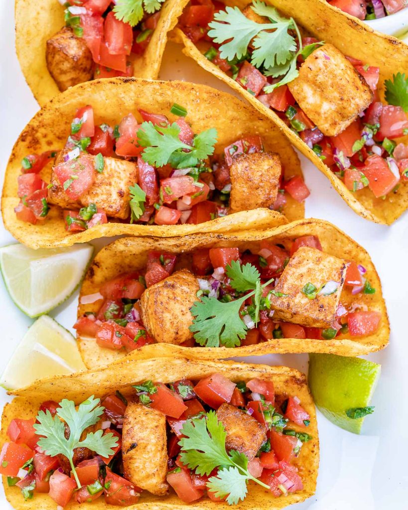 Salmon tacos with fresh made pico de gallo.