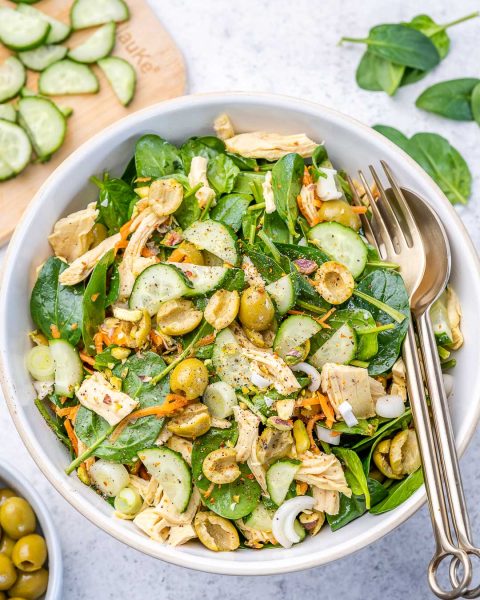 5-Minute Leftover Chicken Spinach Salad | Clean Food Crush