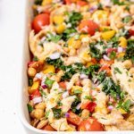 Casserole dish filled with chicken vegetable casserole.