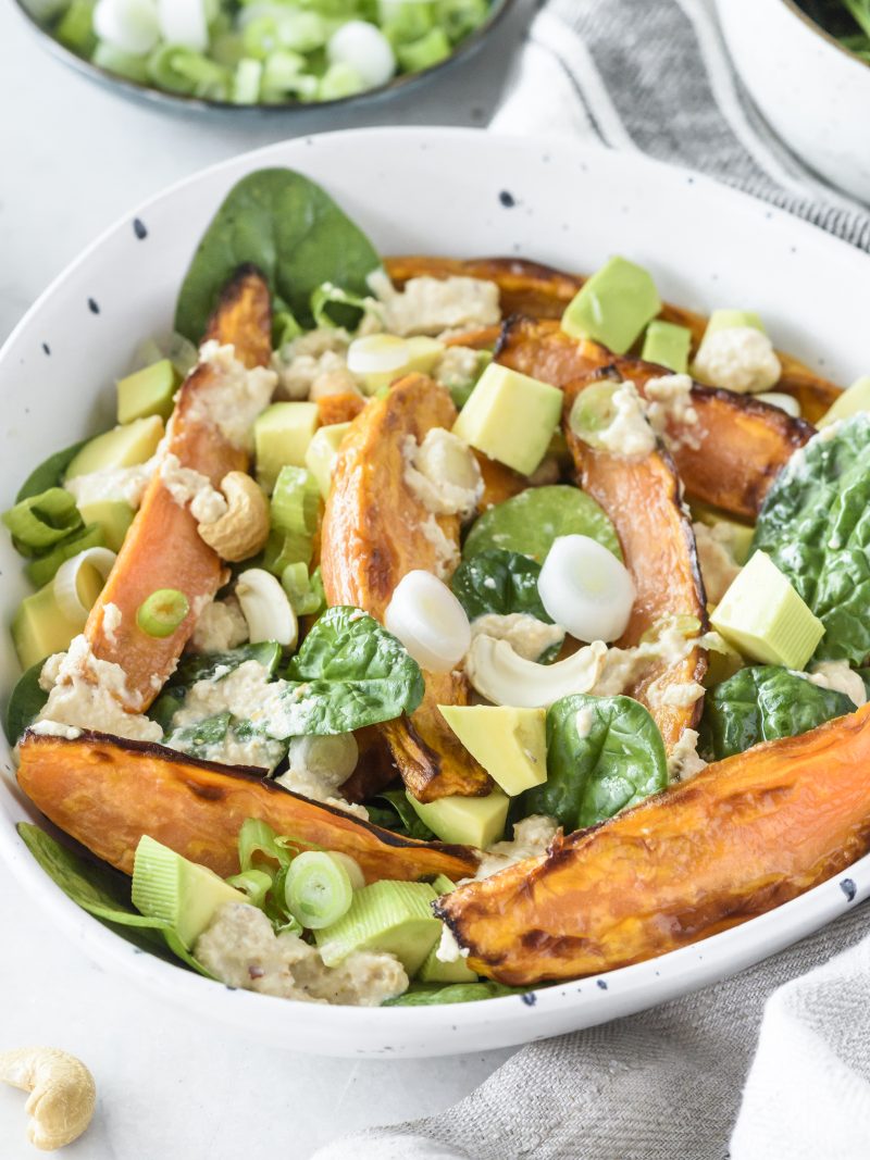 Sweet Potato + Fresh Spinach Salad with Creamy Cashew Dressing | Clean ...