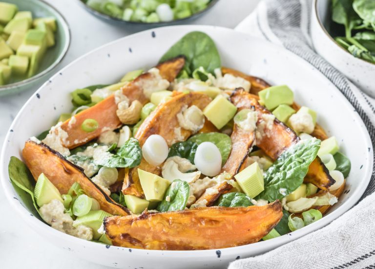 Sweet Potato + Fresh Spinach Salad with Creamy Cashew Dressing | Clean ...