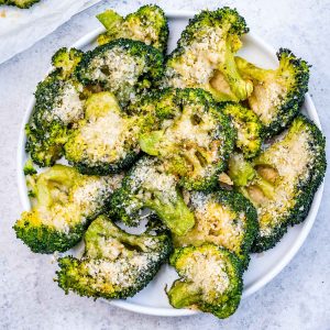 Crispy smashed broccoli with parmesan cheese for a healthy snack or easy side dish.