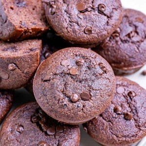 Healthy chocolate muffins with cacao powder and dark chocolate chips for a healthy breakfast or snack.