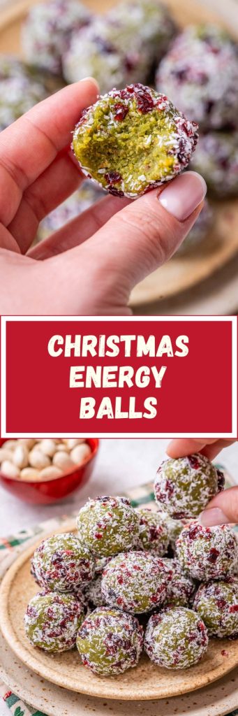 Pinterest pin images in a collage with a red banner in the middle that reads Christmas Energy Balls