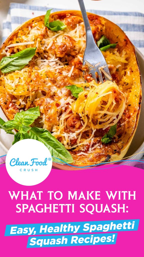 A fork twirling spaghetti squash around its tines with a pink banner below it that says What to make with spaghetti squash: Easy healthy spaghetti squash recipes.