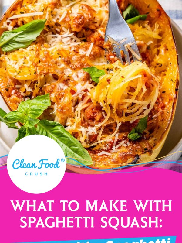 A fork twirling spaghetti squash around its tines with a pink banner below it that says What to make with spaghetti squash: Easy healthy spaghetti squash recipes.