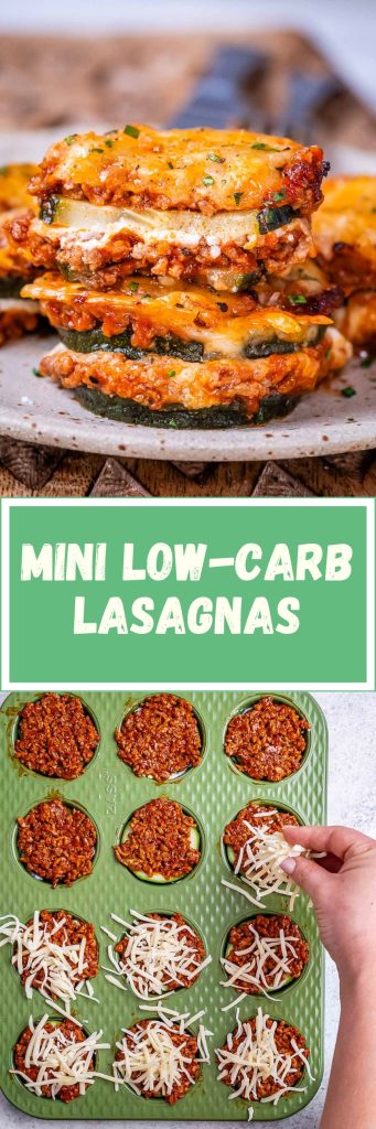 Two images with the one on top showing zucchini lasagna bites stacked on a plate and the bottom showing  them in a muffin tin with the words mini low carb lasagnas in between the images.