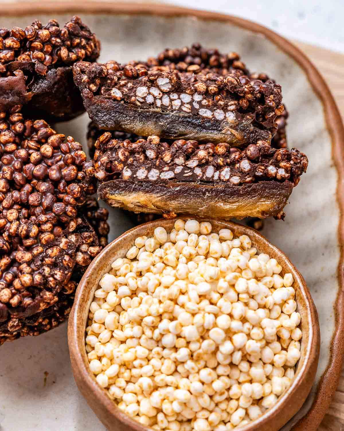Chocolate quinoa and date snack bites for a heathy no bake snack.