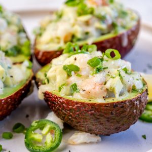 Shrimp stuffed avocados for a healthy low carb lunch.