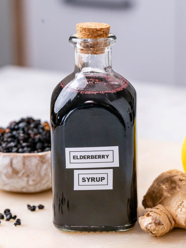 Homemade elderberry syrup as cold and flu immunity booster.
