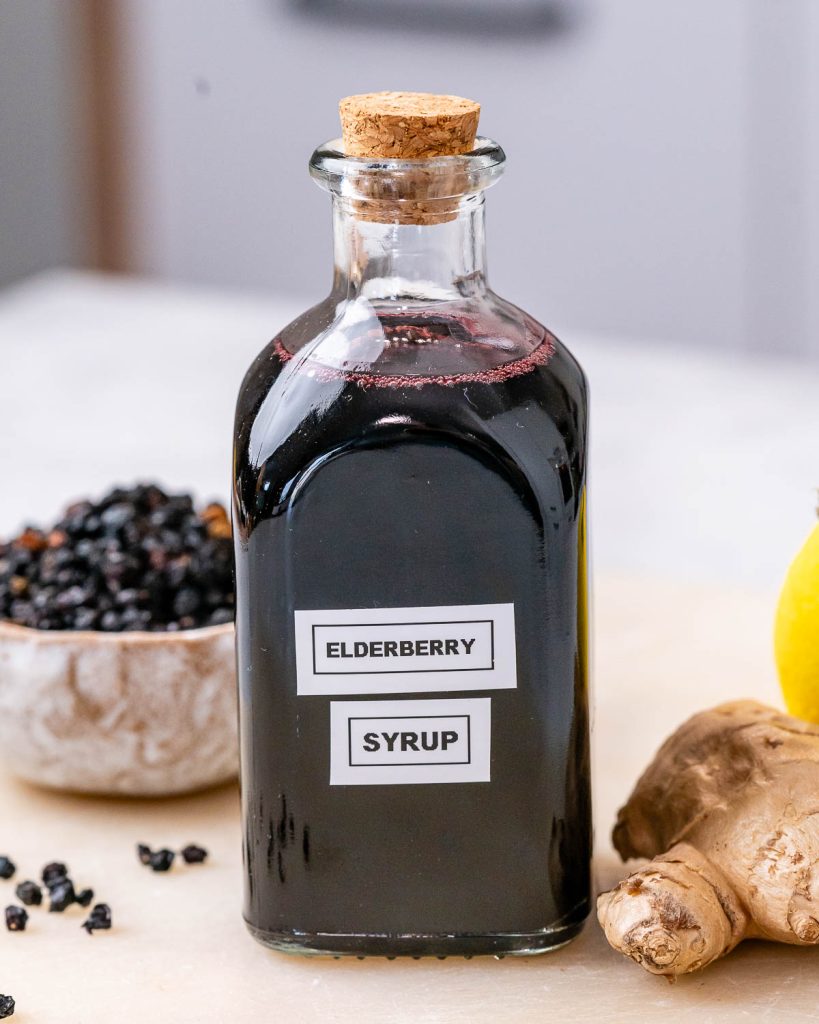 Homemade elderberry syrup as cold and flu immunity booster.