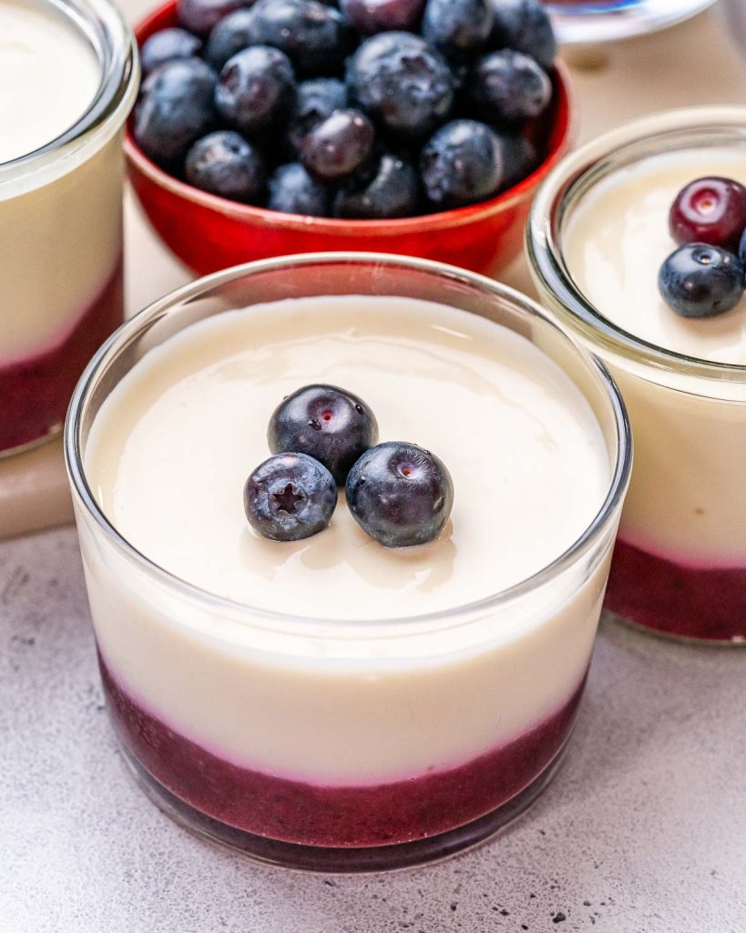 No-bake cottage cheese cheesecake cups topped with blueberries.