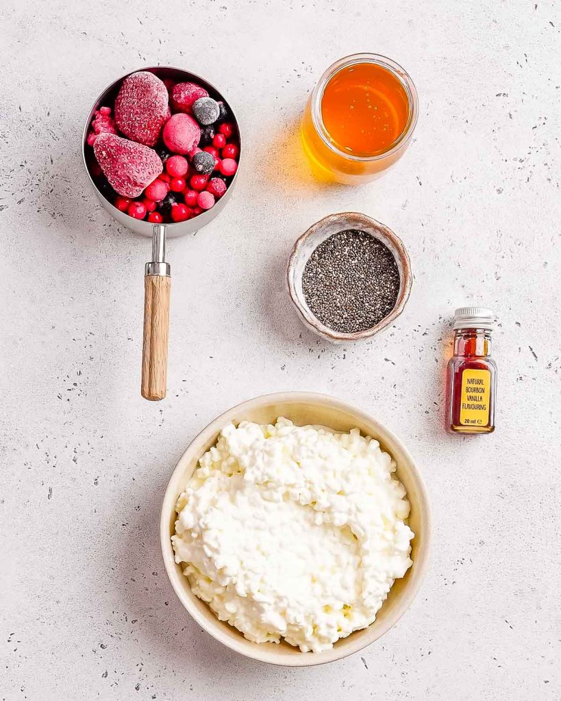 Ingredients to make healthy no bake  cottage cheese cheesecake cups.