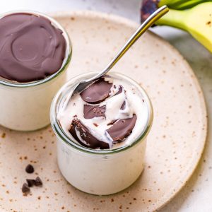 cottage cheese banana pudding with chocolate hard shell topping.