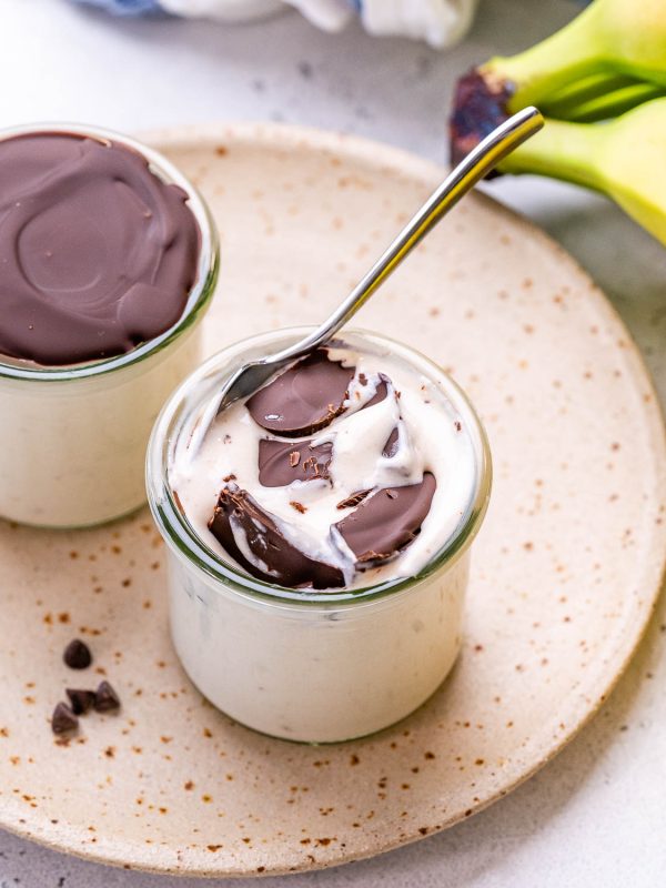 cottage cheese banana pudding with chocolate hard shell topping.