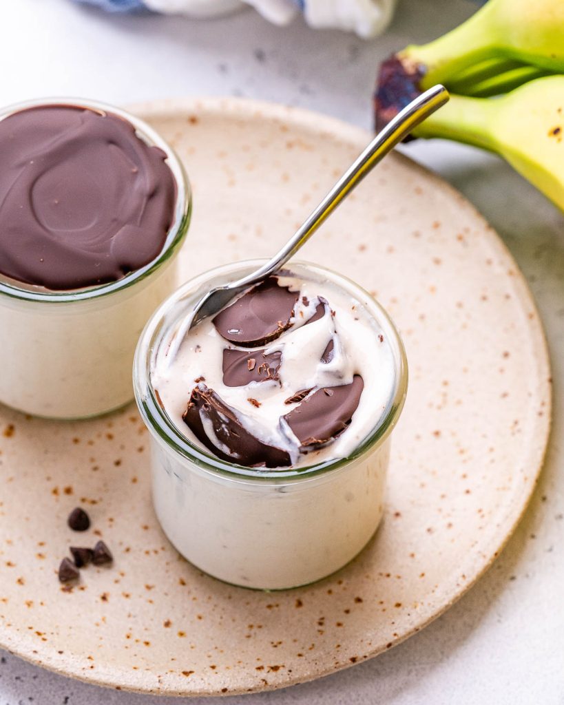 cottage cheese banana pudding with chocolate hard shell topping.