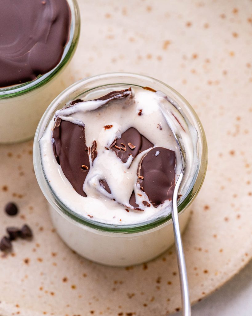 cottage cheese banana pudding with chocolate hard shell topping.