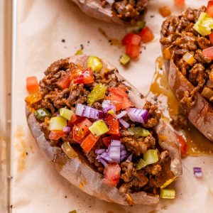 ground beef stuffed sweet potatoes made like cheeseburgers without a bun.