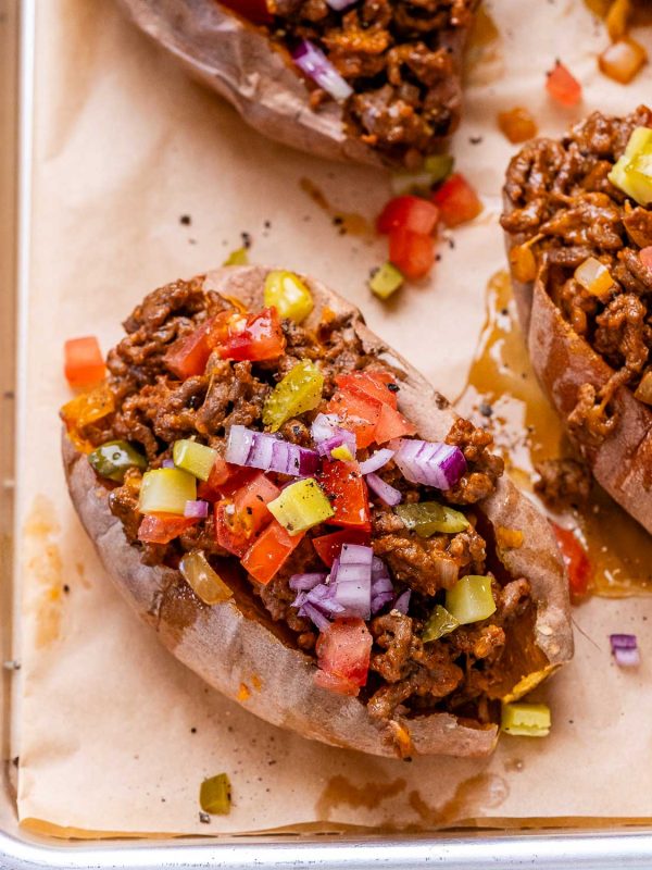 ground beef stuffed sweet potatoes made like cheeseburgers without a bun.