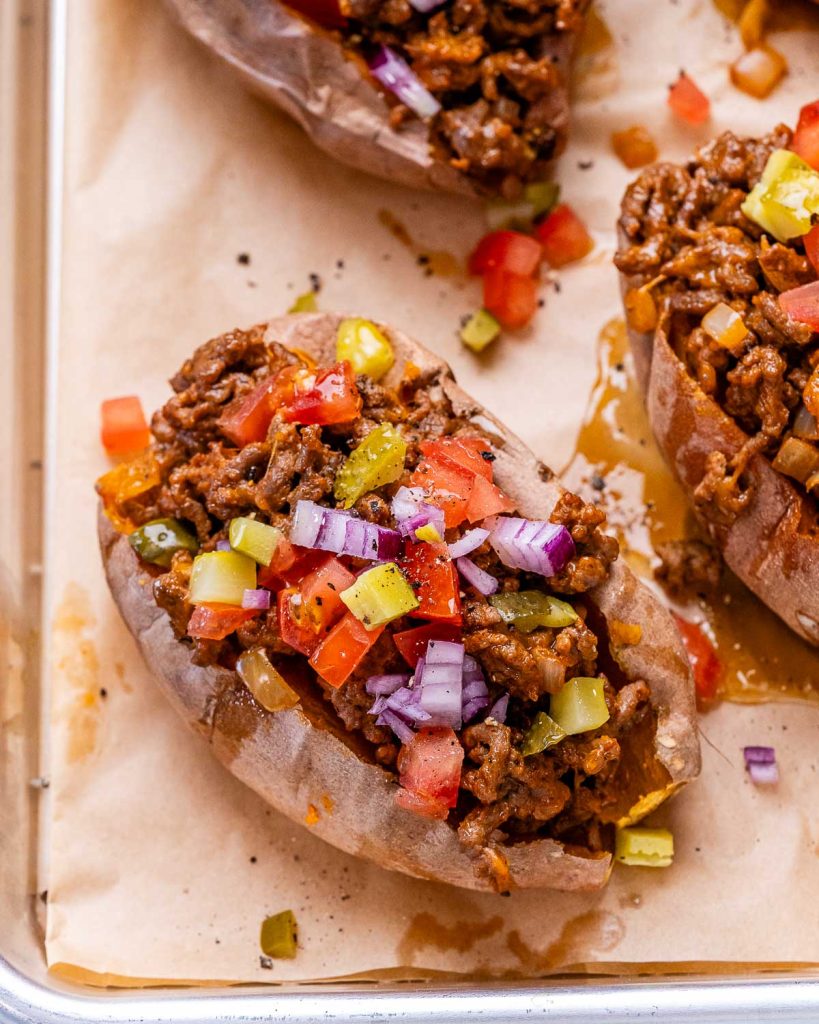 ground beef stuffed sweet potatoes made like cheeseburgers without a bun.